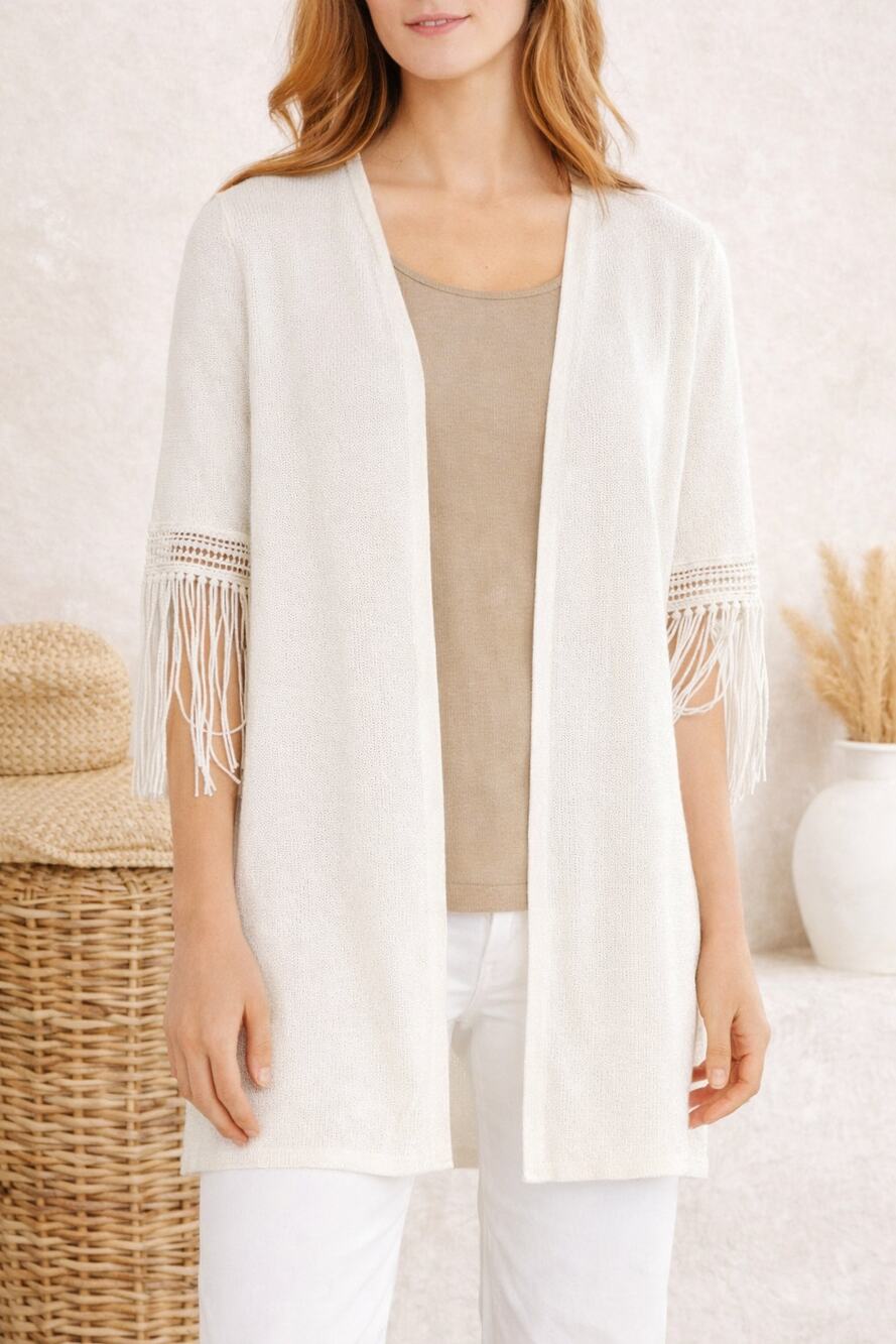 Chico's Fringe Ottoman Knit Cardigan English Cream Size 3 XL 16/18